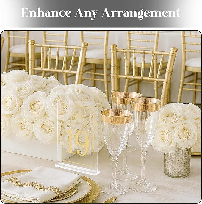 Acrylic Table Numbers 1-20 with Stand, Printed Gold Font on 4x6 inch Acrylic, Clear Table Number Signs and Holders, Centerpiece for Events, Weddings, Reception, Party, Anniversary, and Decoration