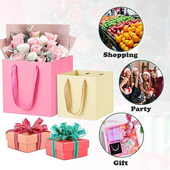 ADIDO EVA Red Square Gift Bags Mini Size Square Bottom Paper Bags with Handles for Party Favor (4x4x4 In, 10 CT)