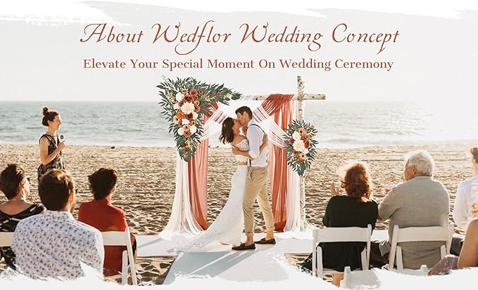 Wedding Arch Flowers with Drapes Kit (Pack of 4) - 2pcs Artificial Terracotta Deluxe Swag with 2pcs Sheer Drapes for Wedding Ceremony Arbor Reception Backdrop Rose Floral Decoration