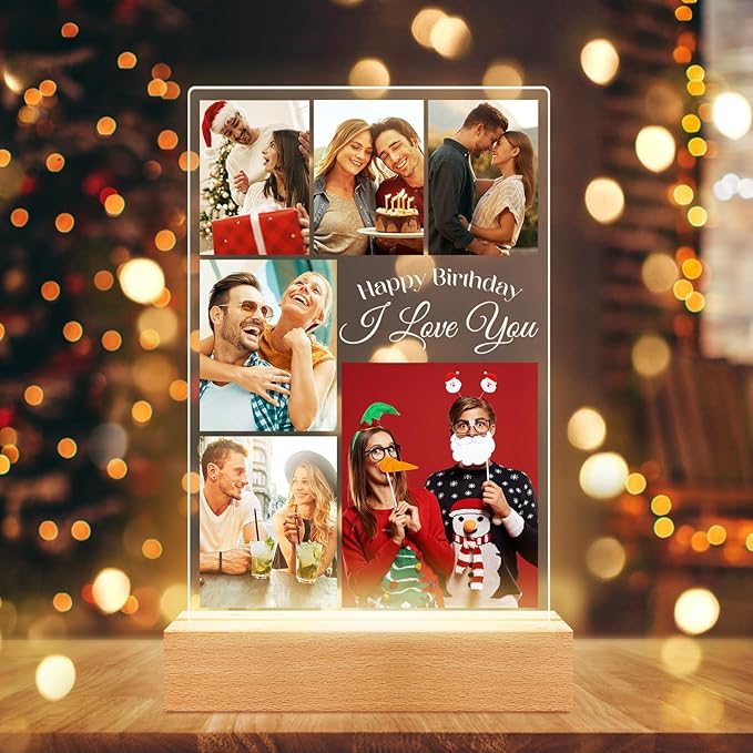 Custom Couple Picture Frames with Photos, Customized Acrylic Plaque Photo Frame with Night Light, Personalized Anniversary Birthday Gifts for Women Men Him Her Boyfriend Girlfriend