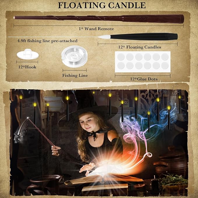 NURADA Floating Candles with Wand Remote Timer - Magic LED Hanging Flameless Taper Candles Flickering Battery Operated for Halloween Birthday Theme Party Holiday Home Window Decor - Black 12 Pack