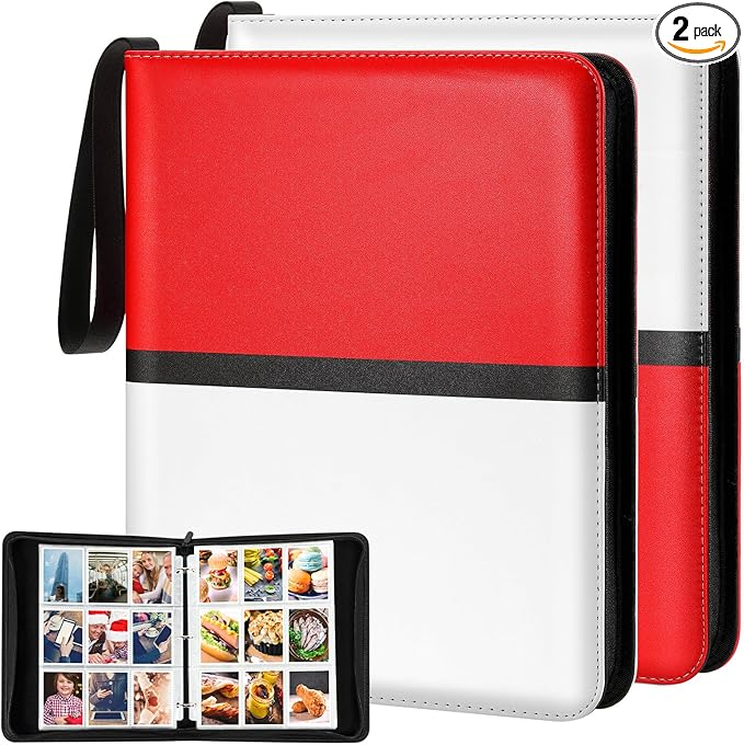 Pinkunn 2 Pack 9 Pocket Card Binder, 900 Double Sided Pocket PU Collection Binder White Red Zip Trading Card Collector Album Cards Folder Compatible with MTG, TCG, Sports Cards Game Birthday Gifts