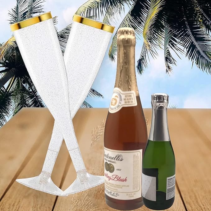 Oojami 90 Plastic 6.5 oz Disposable Champagne Flutes Ideal for Toasting Wedding Birthday Baby Showers Mimosa Cocktails Parties, 6.5 Ounces (Gold Glitter With Gold Rim)
