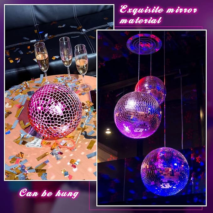 WILLBOND 12 Pack Disco Ball Mirror Ball with Hanging Ring for Fun Retro Disco Party Decorations Party Dj Lighting Effect Stage Props Game Accessories, 5.91", 3.94", 3.15", 2.36"(Pink)