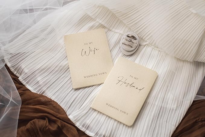 Slim Vow Books (Set of 2 - Design 2) - Soft Cream Canvas Linen Textured Cover Wedding Vow Booklets, Ceremony Speech Promise Notebook Journal, Gift for Newly Engaged Couple, 48 Lined Pages, 5.75" x 4"