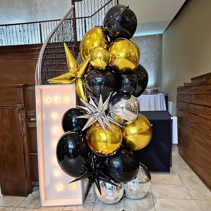 6Pcs Black Silver Round Foil Balloons, 22inch 4D Metallic Silver Black Balloons, Large Round Foil Ball Balloon for Birthday Graduation Christmas New Year Eve Disco Party Backdrop Decorations
