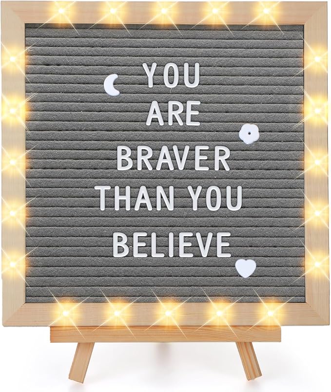 Light up Changeable Felt Letter Board Sign with LED Lights - 10×10" Message Board & Wood Stand & 450 Letters, for Halloween/Birthday/Event/Pregnancy/Baby Announcement/Home Wall Decor Gifts, Grey