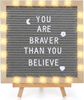 Light up Changeable Felt Letter Board Sign with LED Lights - 10×10" Message Board & Wood Stand & 450 Letters, for Halloween/Birthday/Event/Pregnancy/Baby Announcement/Home Wall Decor Gifts, Grey