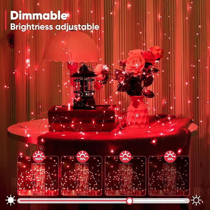 2 Pack 65.6 Ft. Battery Operated Outdoor String Lights with Remote & Timer, LED Red Fairy Lights, Waterproof Twinkle Lights for Bedroom, Dorm, Mason Jar, Wedding, Party, Christmas