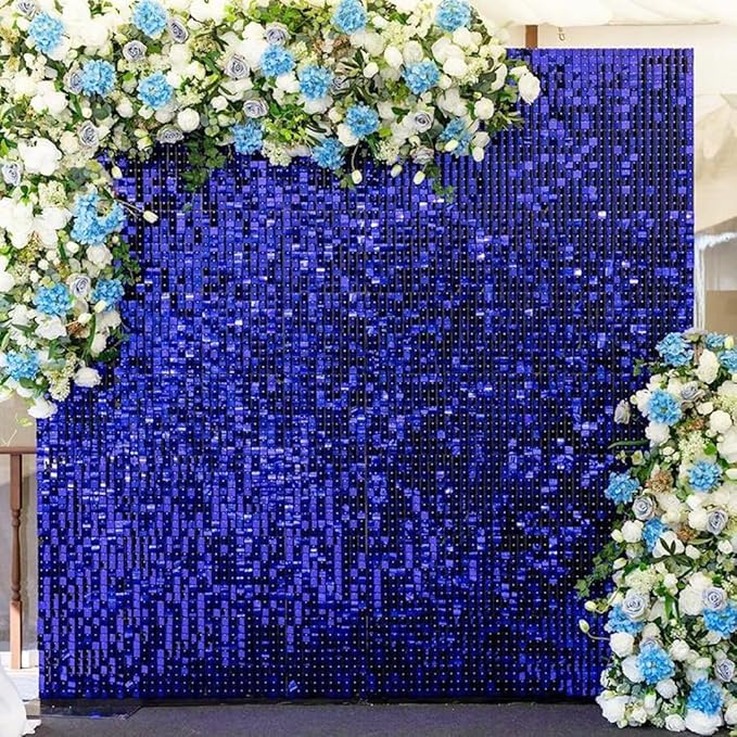 Qcity Blue Shimmer Wall Backdrop 36PCS, Black Back Not See-Through Design, Square Sequin Glitter Backdrop Panel, Perfect for Outdoor Events, Birthdays, Wedding and Party Decoration
