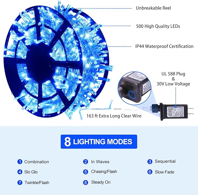 JMEXSUSS 163 FT 500 LED Blue Christmas Lights Outdoor, Waterproof Blue String Light Plug in, 8 Modes Clear Wire Christmas String Lights for Tree Yard Patio House Party Decorations