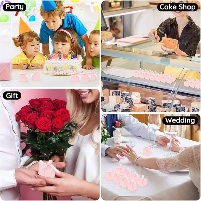 EUSOAR Candy Boxes Party Favors, 120pcs 2x2x2 Inches Pink Favor Boxes Candy Gift Box with Ribbon, Mini Bakery Cookies Box Square Paper Chocolate Containers for Wedding Anniversary Party Favor