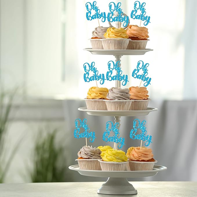 Gyufise 36 Pack Blue Glitter Oh Baby Cake Cupcake Toppers Picks for Wedding Birthday Baby Shower Party Decorations