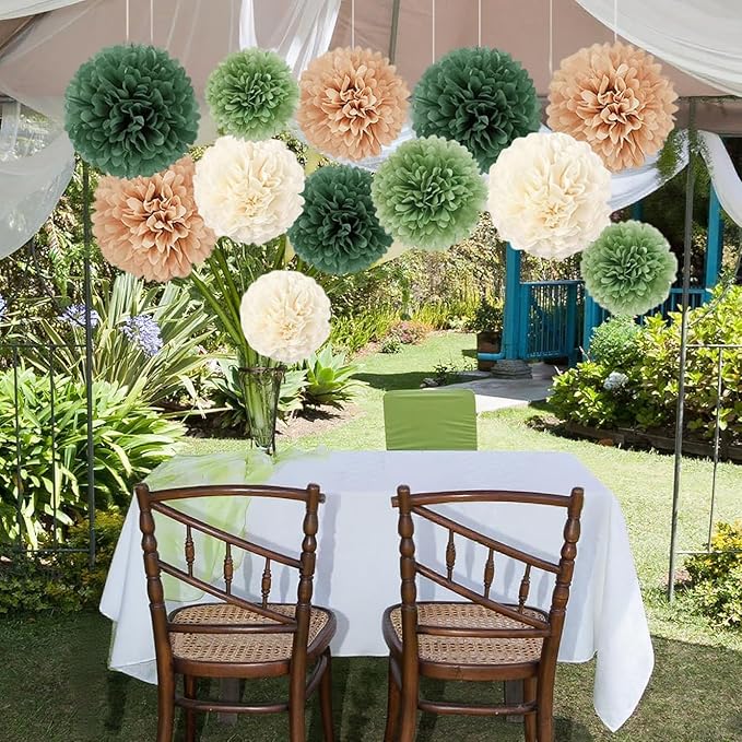 Capesaro Olive Sage Green 12PCS Paper Pom Poms Party Decorations for Natural Green Boho Safari Jungle Party,Hanging Tissue Paper Flowers for Engagement,Wedding,Baby Shower