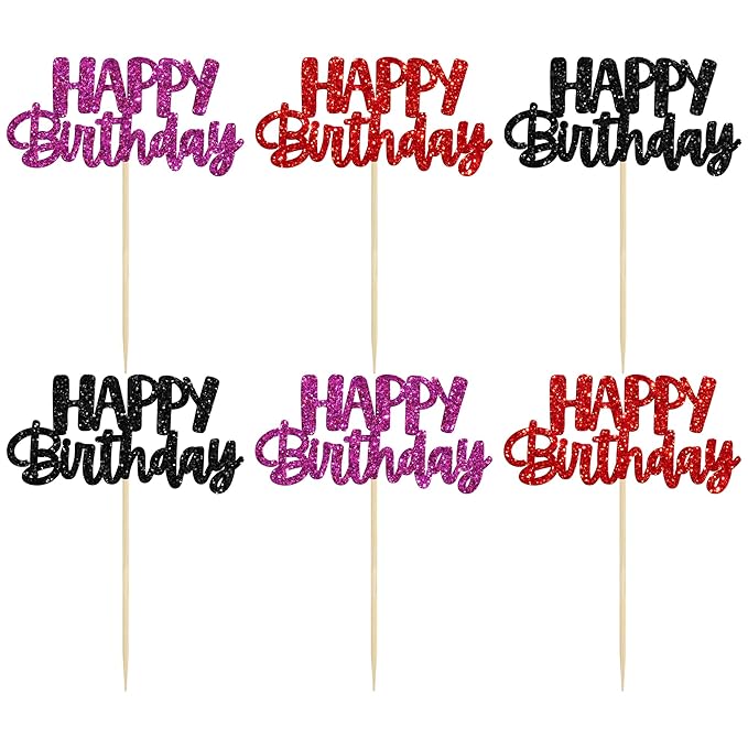 Gyufise 24Pcs Happy Birthday Cupcake Toppers Glitter Birthday Cupcake Food Picks for Celebrating Happy Halloween Theme Party Cake Decorations Supplies Black Purple Red