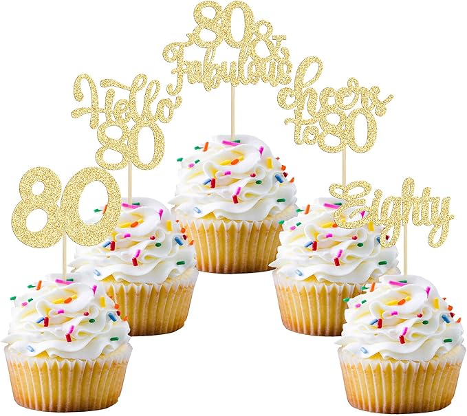 Gyufise 30Pcs Happy 80th Birthday Cake Topper, Gold, for Birthday Anniversary Party Decorations
