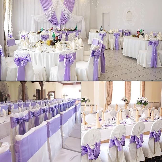 100 PCS Satin Chair Sashes Decorative Bow Chair Sashes Ties Back Ribbon Bows Chair Cover Band for Wedding Party Ceremony Reception Events Banquet Home Kitchen Chair Cover Decor(7x108inch,Lavender)