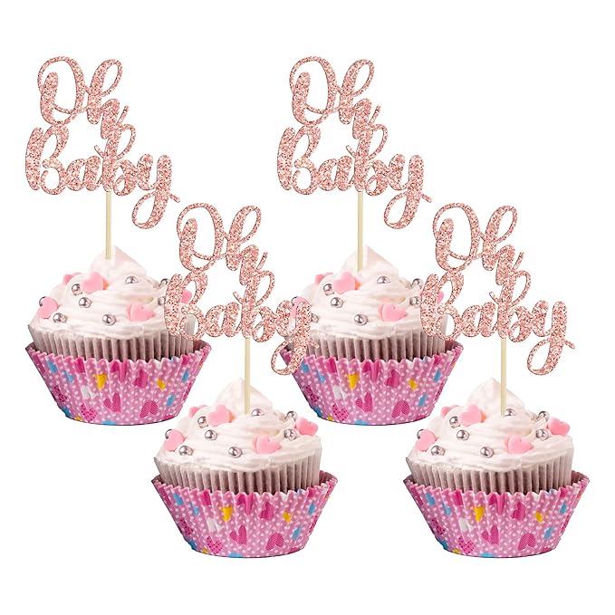 Gyufise 36 Pack Oh Baby Cupcake Toppers Glitter Baby Shower Cupcake Picks Decorations for Celebrating Baby Shower Kids Birthday Party Supplies Rose Gold