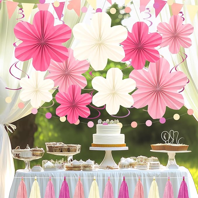 Pink and Yellow Party Decorations, Pink Birthday Decoration with Colorful Hanging Paper Flowers,Tassel Garland and Swirls for Women Girls, Baby Showers Bachelorette Party Supplies Classroom Decor
