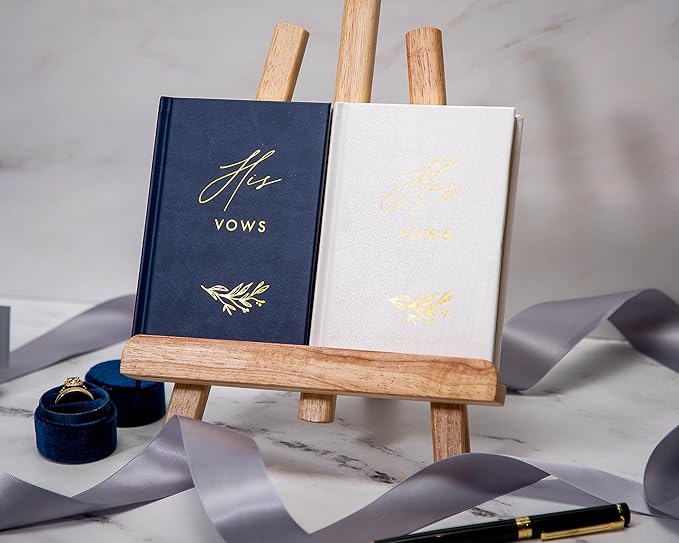 MUUJEE Hard Cover Vow Books (Set of 2) - Foil Embossed Wedding Ceremony Vow Renewal Speech Books, Couple Gifts for Engagement (His Her (Navy & White))