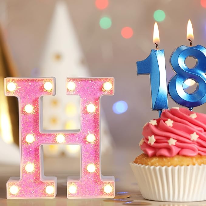 Foaky Pink Light up Letters，Pink Party Decorations,Girls Room Decor,Glitter Light Up Letters,Alphabet Letter Sign for Night Light Birthday Party Girls Gifts, Home Bar Decoration（L）