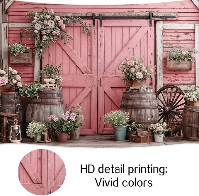 7x5ft Country Wedding Pink Photography Backdrop Rustic Wooden Barn Door Photography Backdrop Farmhouse Flower Western Girl Birthday Baby Shower Wedding Bridal Party Banner Photo Booth Props Background