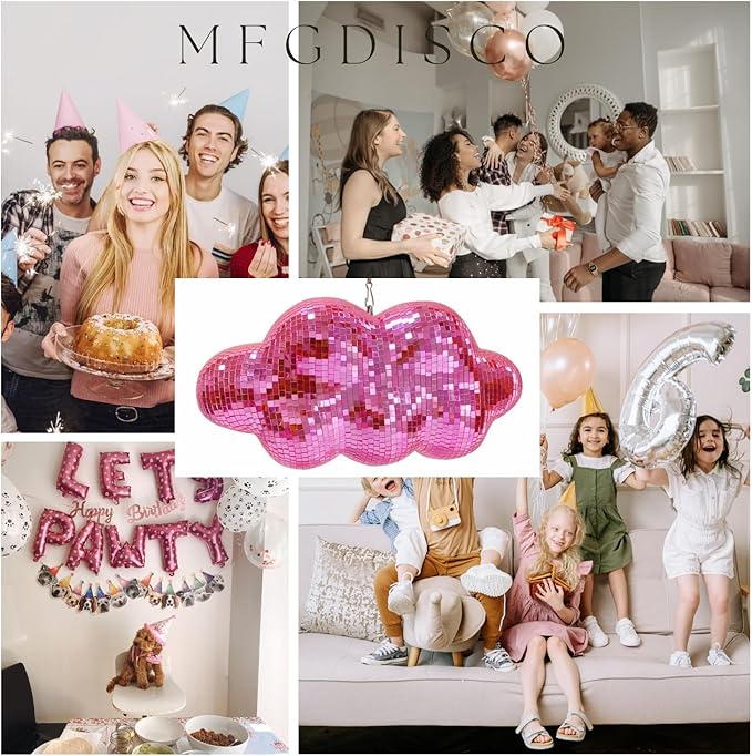 Pink Disco Ball Cloud Shaped, Hanging Disco Decor for Party,Room,Home, Retro Reflective Mirror Ball with Chain, Disco Ornaments, Design Patent
