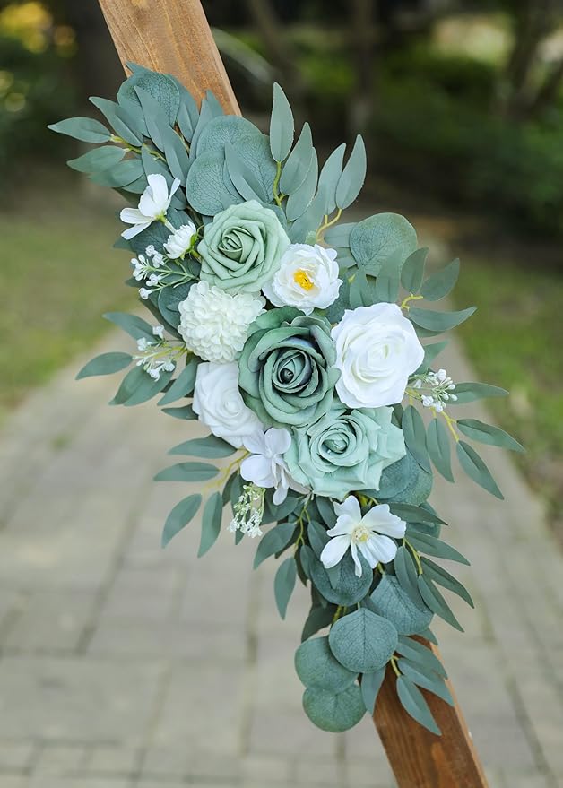 Artificial Sage Green Wedding Arch Flowers Swags Set of 2 for Welcome Signs, Reception and Ceremony Decorations - White Floral Decor