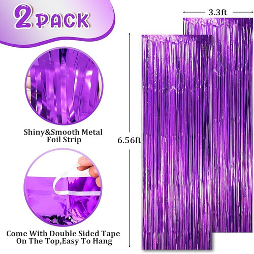 2 Pack Purple Tinsel Foil Fringe Curtains, Purple Party Decorations, Metallic Tinsel Party Streamers Backdrop for Halloween Mermaid Bachelorette Graduation Party Decorations