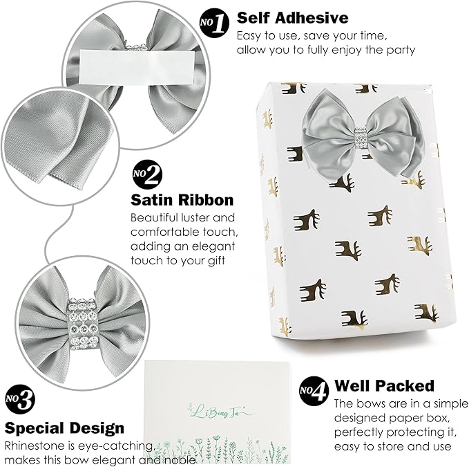Silver Satin Bows 4'' Premade Ribbon Bow, Silver Gift Bows with Rhinestone, Wrapping Bows for Presents, Greeting Cards, Treat Bags, Wine Bottles, Valentines Bows for Gift Wrapping-12 Counts