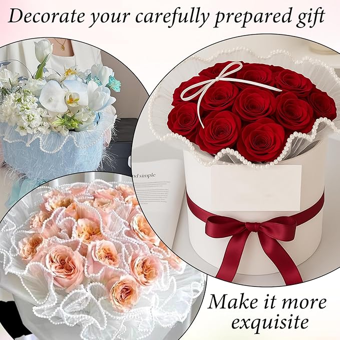 1.5 Inch Faux Pearl Ribbon, Smooth White Ribbon with Pearl Edges Wire, 4.5m Sheer Mesh Ribbons for Gift Wrapping, Bows Bouquet Decor Crafts, Wedding Bridal Decorations
