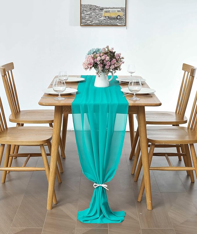 2 Pack 10Ft Turquoise Chiffon Table Runner Sheer 29x120 Inch for Romantic Wedding Decor Bridal & Baby Shower Birthday Rustic Party Decoration