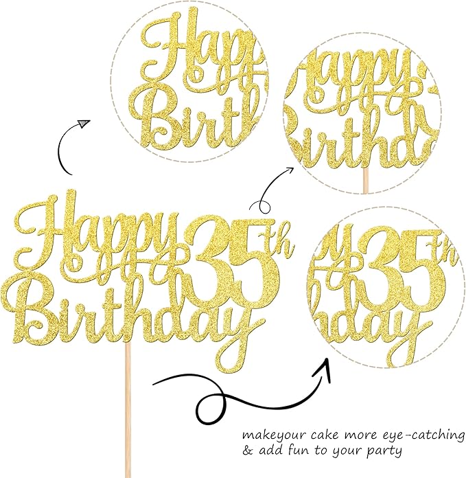 1 PCS Happy 35th Birthday Cake Topper Gold Glitter Cheers to 35 Years Birthday Cake Pick 35 Fabulous Cake Decoration for Happy 35th Birthday Theme Party Decorations Supplies