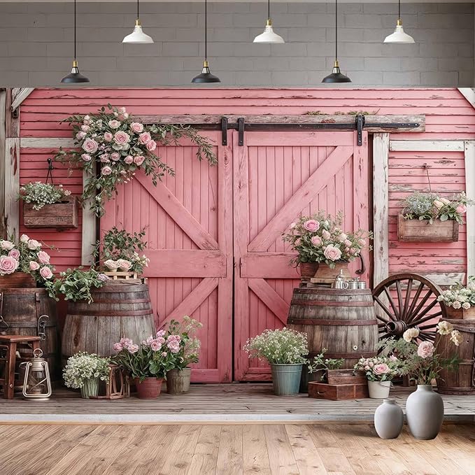 9x6ft Country Wedding Photography Backdrop Rustic Barn Door Photography Backdrop Farmhouse Pink Flower Cabin Wooden Birthday Baby Shower Wedding Bridal Party Banner Photo Booth Props Background