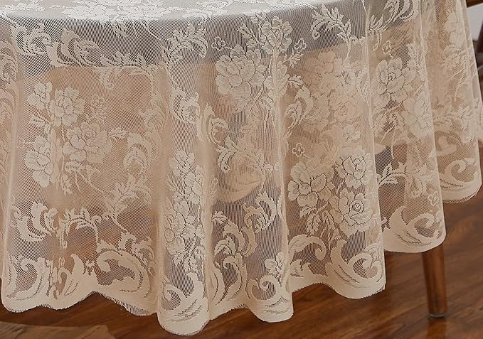 LinenZone Linen Oval Tablecloth for Rustic Vintage Decor - Sheer Lace Works Great as Wedding, Thanksgiving or Christmas Tablecloth (Mia Oval 84, Linen)