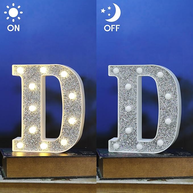 Light Up Letters, Marquee Light for Table Decorations, Glitter Signs for Prom, Events, or Engagement Party Decor, Featuring Alphabet & Number Lighted Letters, Letter D