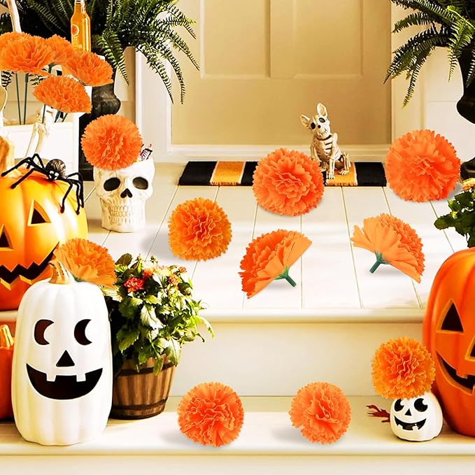 Hananona 201Pcs Artificial Marigold Flower Heads Bulk, Silk Marigold Bulk Fake Flowers for Dia De Los Muertos Decor DIY Marigold Garland Day of The Dead Decorations