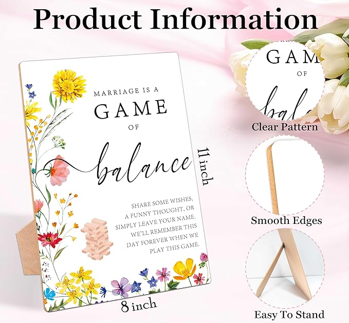 Marriage Is A Game Of Balance Sign, Floral Wedding Ceremony Sign, Pack of 1 Wooden Tabletop Sign with Stand, Wedding Supplies, Engagement and Reception Wedding Decorations - LD17