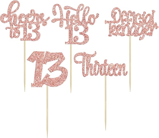 30Pcs 13th Birthday Cupcake Toppers Hello 13 Cupcake Picks Official Teenager Cheers to 13 Years Old Cake Decorations for 13th Birthday Anniversary Party Supplies Rose Gold Glitter