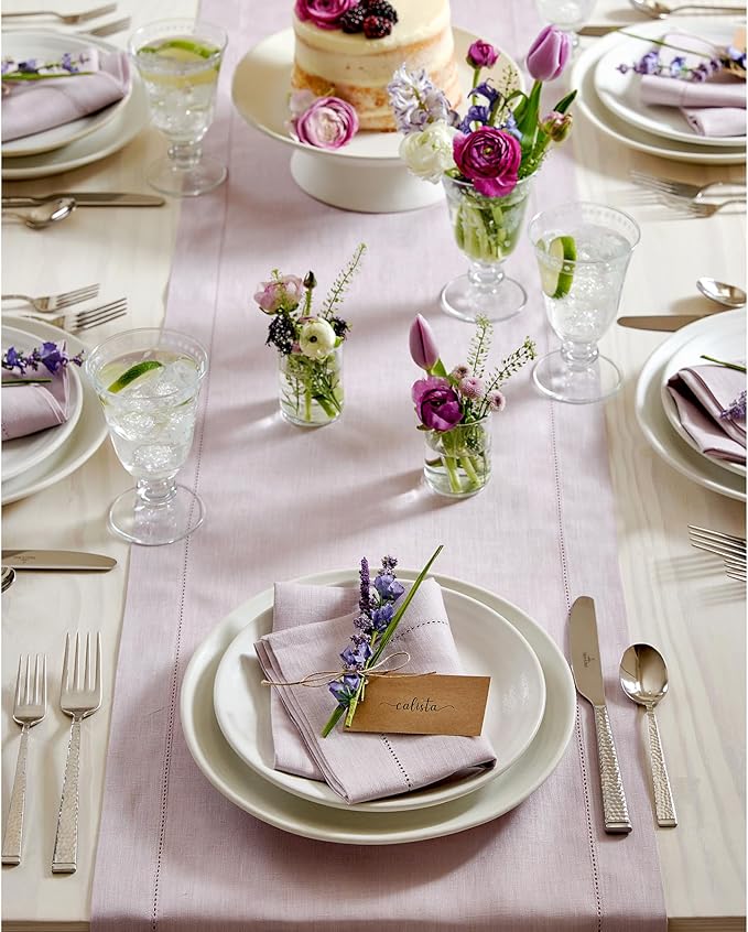 Solino Home Linen Lilac Table Runner 120 Inches Long - 100% Pure Linen Hemstitch 14 x 120 Inch Table Runner for Dining, Fall, Autumn, Thanksgiving, Christmas - Classic Hemstitch