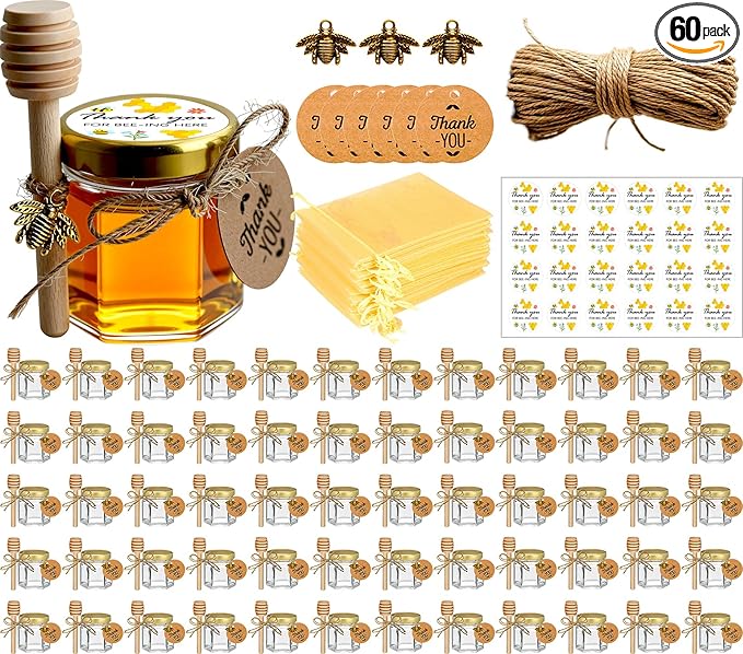 Adabocute Mini Honey Jars with Dipper - Hexagon Honey Pot Set with Gold Lid, Bee Pendants, Jutes, Gold Organza Bags and Stickers - Perfect for Baby Shower Party Favors Wedding Favors, 60 Pack 1.5oz