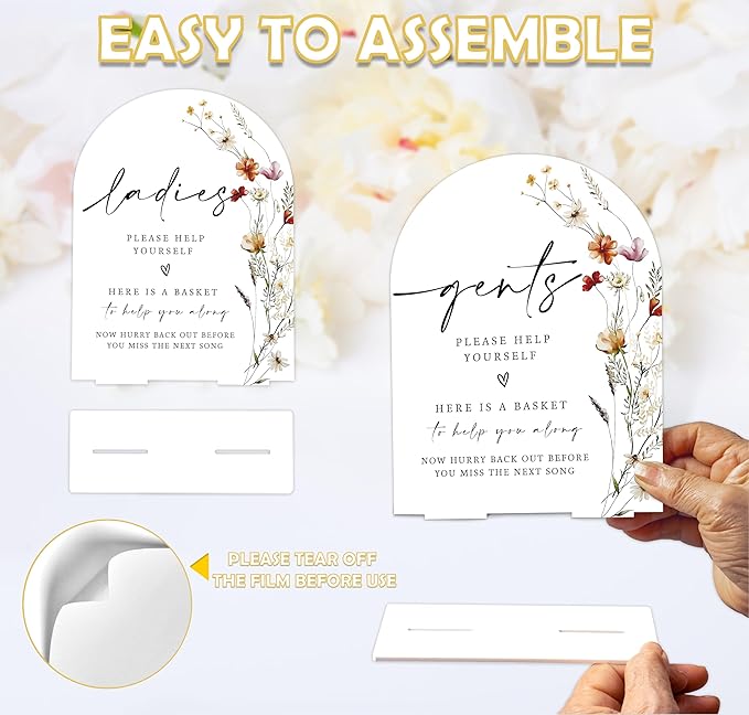 2 Pcs Boho Floral Wedding Bathroom Ladies & Gents Signs, 6 x 8 Inch White Arch Acrylic Wedding Sign with Holder, Wedding Sign for Ceremony and Reception, Wedding Decoration, Wedding Supplies - BX32