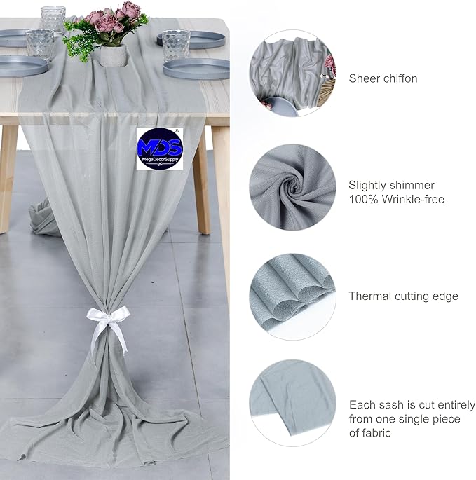 MDS 2 Pack 14ft Chiffon Table Runner 29 x 170 Inches Sheer Wedding Runner Romantic Rustic Table Runner for Wedding Decorations, Birthday Parties, Bridal Shower Party Arch Decor - Gray