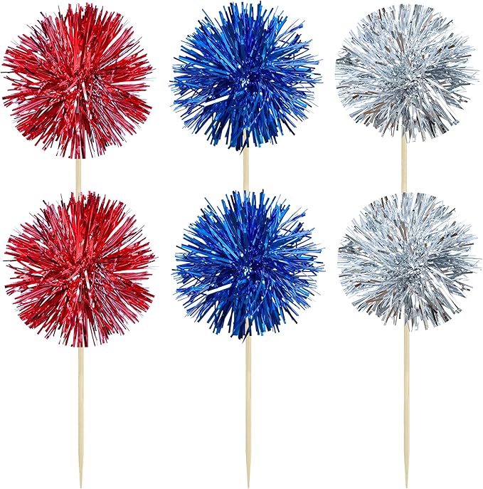 Gyufise 30Pcs Foil Firework Cupcake Toppers Sparkle Tinsel Cake Toppers Tinsel Drink Cake Decoration Cocktail Picks for Birthday Wedding Graduation Party Supplies Silver Dark Blue Red