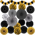 Black and Gold Decorations, Paper Pompoms Fan for Graduation Birthday Wedding Prom Night New Years Black and Gold Party Decorations