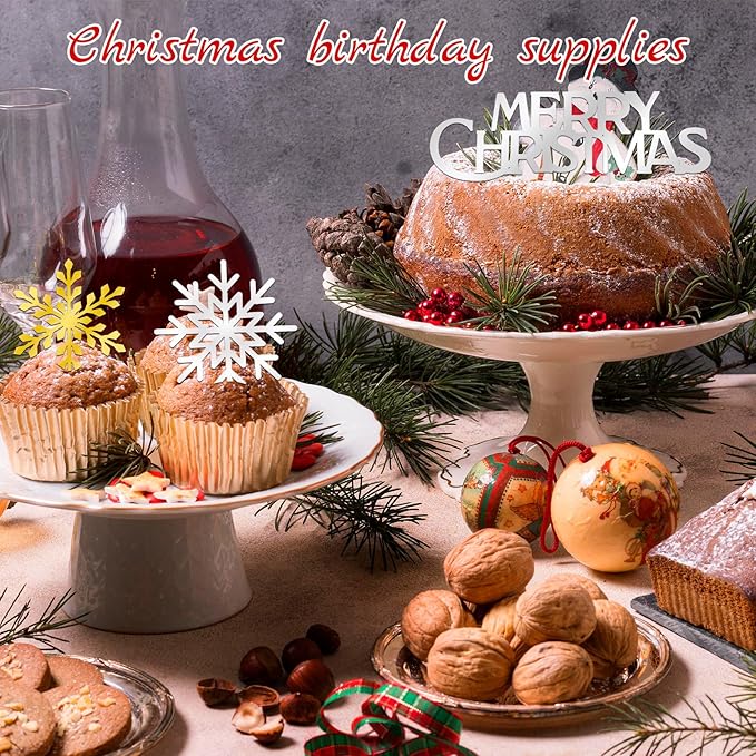 26 Pcs Merry Christmas Acrylic Cupcake Toppers Acrylic Mirror Snow Xmas Cupcake Picks New Year Party Cake Decorations