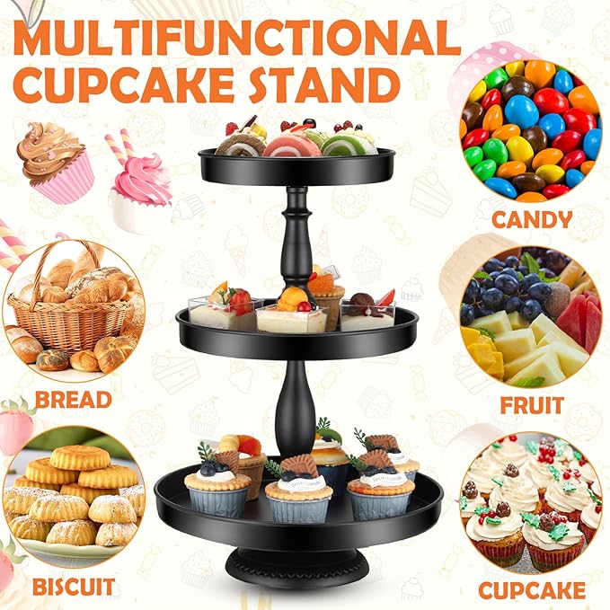 Maxdot 2 Pcs 3 Tier Cupcake Stand Holder, Round Cupcake Stand Serving Tray, Metal Tiered Tray Pastry Dessert Cake Tower Display Stand for Baby Shower Tea Party, Wedding and Birthday (Black)