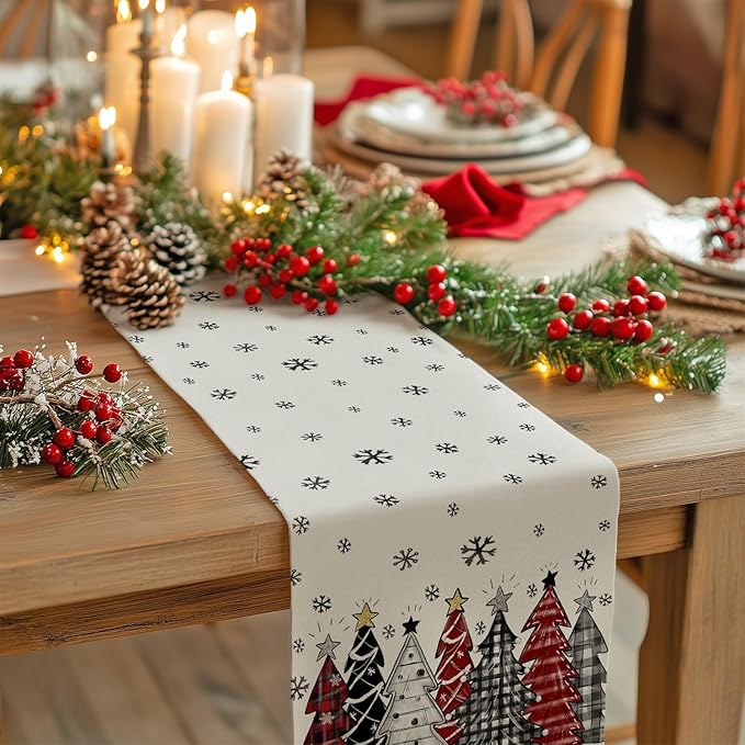 GEEORY Christmas Table Runner 13x60 Inch, Xmas Tees Snowflakes Holiday Decorative Farmhouse Table Decoration for Kitchen Dinning, Indoor Outdoor Dinner Party Decor ((Red & Black) GT165-60