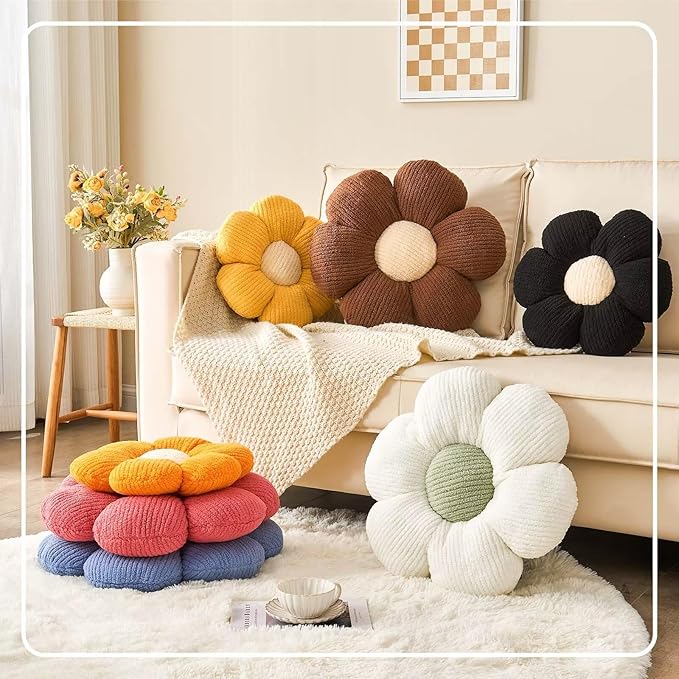 Flower Throw Pillow, Soft Yellow 17.7" Shaped Floor Pillow for Home Decor, Cute Aesthetic Plush Decorative Pillows for Bed, Sofa, Couch