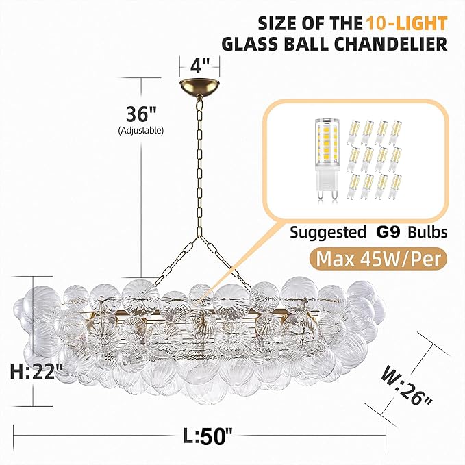 Nordic Bubble Ball Swirled Glass Chandelier 50 inch Rectangular Island Light Fixture Gild Gold and Clear Blown Glass Lighting for Dining Table, Living Room